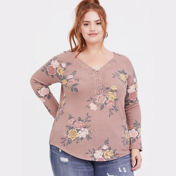 4X Torrid Taupe Floral Waffle Weave Henley Top